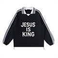 “JESUS IS KING” Contrast Striped Lapel Collar Sweatshirt
